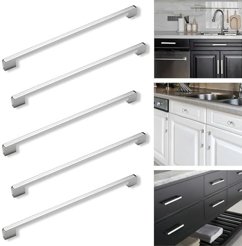 Boxonly 5 Pcs Door Handles, Bright Chrome American Style Zinc Alloy Drawer Cupboard Wardrobe Door Handle, Kitchen Hardware Cabinet Pulls (Hole Centers:224mm)