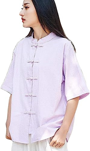 Lazutom Camicie a maniche corte in lino di cotone tinta unita da donna cinese con bottoni a rana Kung Fu Tai Chi Zen Meditazione arti marziali Outfit