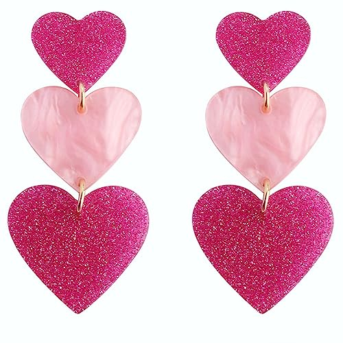 SIXDUTON Neon Ohrringe Damen Herz Valentinstag-ohrringe, 80er 90er Jahre Accessoires Pink für Frauen, Acryl Herz-ohrringe Rosa Valentinstag Kostümzubehör Partyzubehör Geschenk