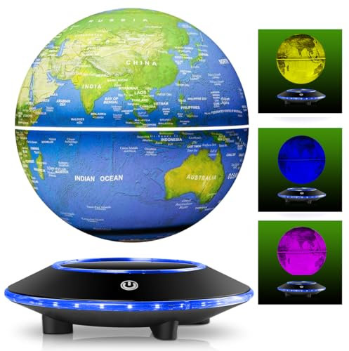 UVEHAS Schwebender Globus, 6 Zoll magnetische Levitation schwimmende Weltkarte Globus Lampe, schwimmende rotierende LED-Kugel Nachtlichter Zimmer Schreibtisch dekorative Lampe (7 Farben Lichter)