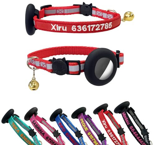 Collier pour chat Airtag, collier d'identification personnalisé en nylon brodé avec nom d'animal de compagnie et numéro de téléphone avec étui de support étanche Airtag et cloche (avec étui de