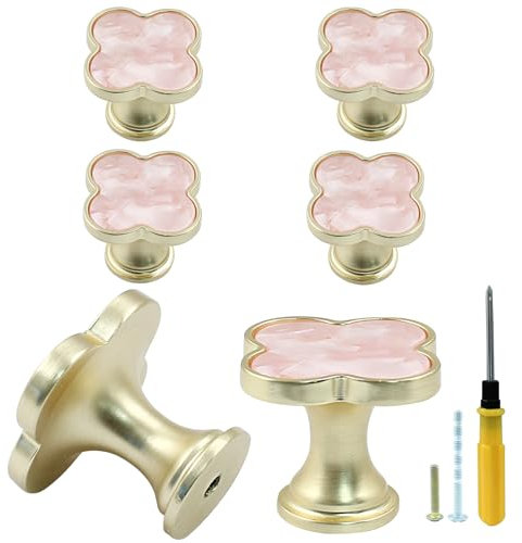 Bonsicoky 6 tiradores de cajón de cuatro hojas, tiradores dorados para armario de cocina, armario, puerta, muebles, decoración, color rosa