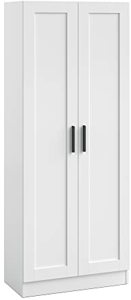 Wooden Storage Cabinet, Freestanding Tall Kitchen Cupboard Narrow Pantry Cabinets Sideboard Organizer Unit with 2 Doors & Adjustable Shelves (White)