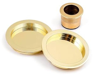 ARCO · Kit Tirador y Uñero para Puertas Correderas: Acabado Latonado,Níquel Satinado, Cuero Satinado, Rosetas Redondas de 55mm y Dedal Central de 30mm. (Dorado Latonado)