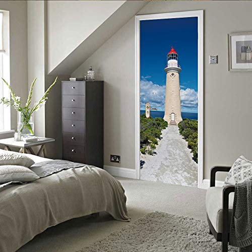 Türaufkleber TürPoster Selbstklebend Wandbild Leuchtturm, Blauer Himmel, Das Meer Türtapete Wandbild Türfolie TürPoster Fototapete 77x200cm