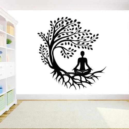 SHELOG Baumwurzeln und Blätter Meditation Wandtattoo Vinyl Mädchen Yoga Posen Meditation Zen Asana Entspannung Schlafzimmer Kinderzimmer Wandtattoo Yoga Zimmer Dekor