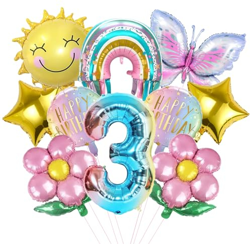 Mizijia 10 Stück Schmetterlinge Geburtstagsdeko 3 Jahre Junge Mädchen, Luftballons Set, Party Deko, Folienballon, Kinder Geburtstag Luftballons (3)