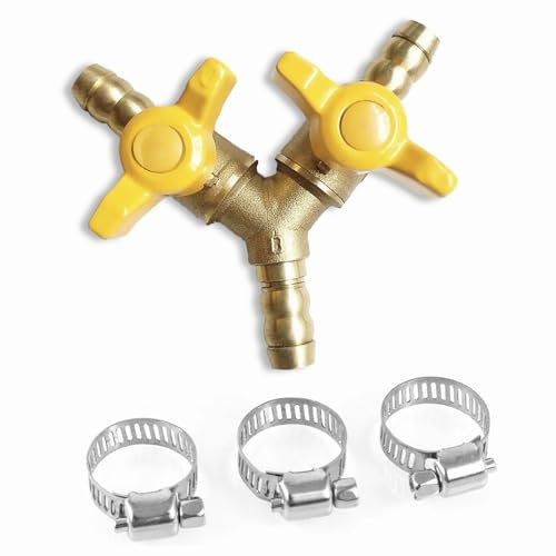 1 Stück 3 Wege Schlauchverbinder Schlauchanschluss mit Absperrhähnen 10mm Messing Schlauchstutzen Kugelhahn Schalter mit 3 Rohrschellen Abzweigventil Verbinder für Tischlerarmatur Luft Wasser Gas