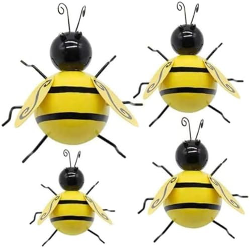 HNFKOZ 4Pcs Bumble Bee Garden Ornaments, Yellow, 3 Sizes, Outdoor Fence Decorations