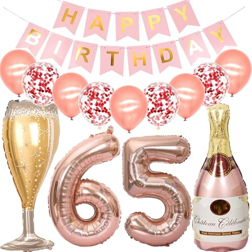 Feelairy Luftballon 65. Geburtstag Deko Frau, Rosegold Folienballon Weinflasche Sektflasche Helium Ballon Champagner Flasche, Girlande Happy Birthday Deko für Geburtstagsdeko 65 Jahre Frauen