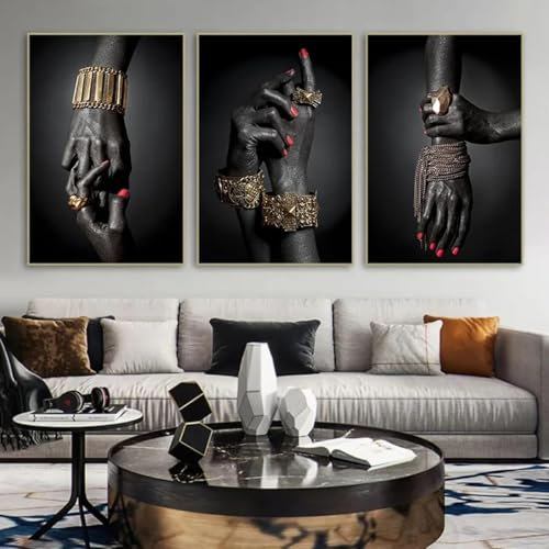 ZHUOYA Abstrakte Mode afrikanische Frauen goldenes Armband schwarze Hand roter Nagellack Poster Leinwand Malerei Wandkunst Bilder Dekor 80x120cmx3 Rahmenlos