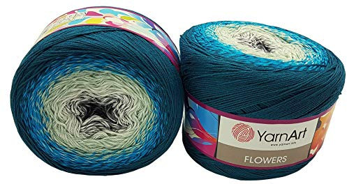 2 x 250g Ilkadim Export Flowers Bobbel Wolle Mehrfarbig, 55% Baumwolle, 500g Bobble Strickwolle mit Farbverlauf (grün türkis weiss grau 289)