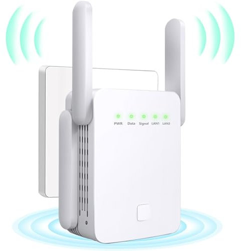 Répéteur WiFi, Extender WiFi, Amplificateur de Signal WiFi, 4 antennes, 2 Ports LAN, Couverture jusqu'à 300 mètres carrés, pour la Maison et Le Bureau, Facile à Installer