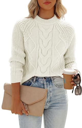 Ancapelion Women’s Long Sleeve Jumpers Crew Neck Sweater Cable Knitted Cream Jumper Pullover Tops for Ladies White XL