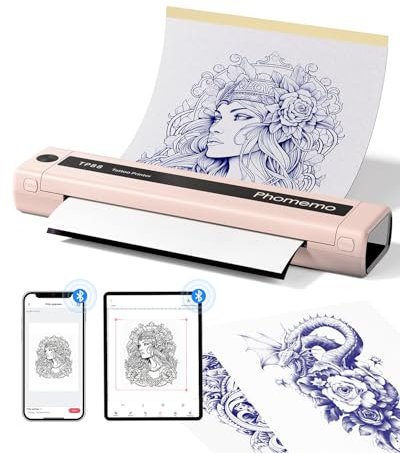 Phomemo TP88 Thermocopieur Tatouage Rose, A4 Imprimante Thermique de Tatouage, Portable Imprimante Tatouage Bluetooth, Tattoo Printer avec 10 Feuilles Papier Transfert pour Smartphone & PC