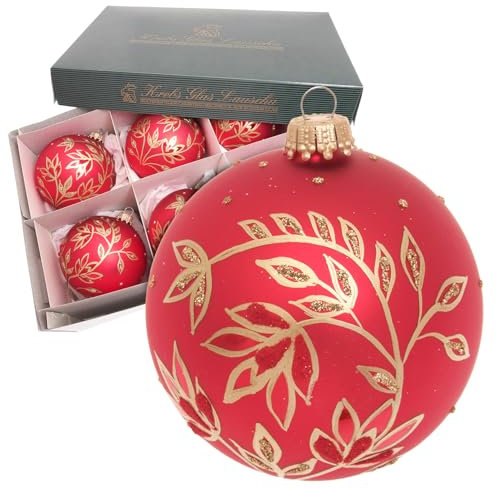 Krebs Glas Lauscha - Weihnachtsdekoration/Christbaumschmuck aus Glas - Kugeln Floral - Farbe: Rot Satin - Menge: 6 Stück - Größe: ca. 8 cm