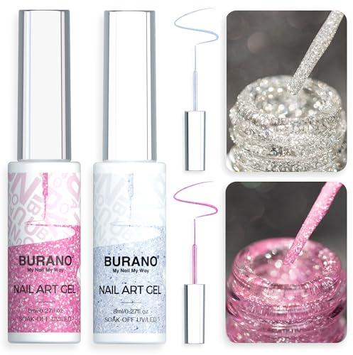 BURANO Gel-Nagellack, silber-goldfarben, lackiert, 2 Flaschen, 8 ml, integrierte dünne Nagelbürste, UV-LED-Aushärtung erforderlich, LX13 LX28