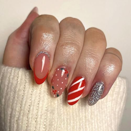 Christmas Stick on Nails - 24PCS Red French Tip False Nails - Long Press on nails Almond - Strong Glue on Nails - Full Cover Nude & Glitter Fake nails Candy Stripes Nail Art Design