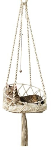 Marooma Makramee Katzenhängematte, Hängehängematte für Kleine Tiere mit Abnehmbarem Kissen, Boho Hängemattenbett, Handgewebtes Katzenbett und Katzenschaukel, Ideale Katzenbetten