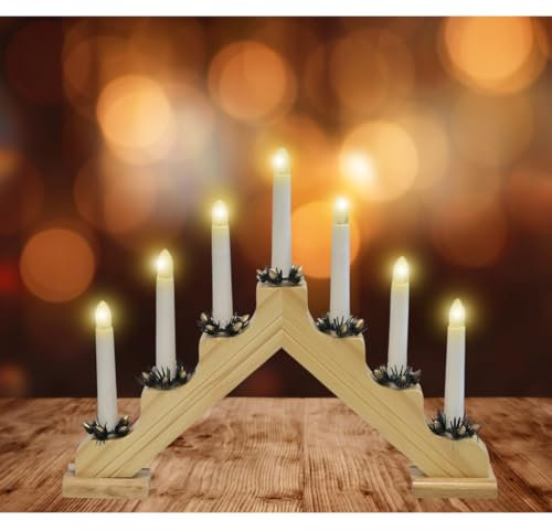 Mains Operated 7 Wooden Pre-Lit Christmas Candle Bridge Arch Window Decor Xmas Warm White Light (Natural)