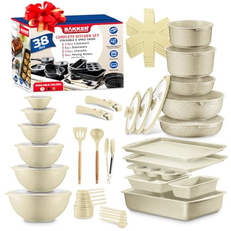 Bakken Master Batterie de cuisine et de cuisson en granit 38 pièces – Revêtement antiadhésif en granit, casseroles et poêles avec poignées amovibles et couvercles en verre trempé, ensemble de 6 pièces