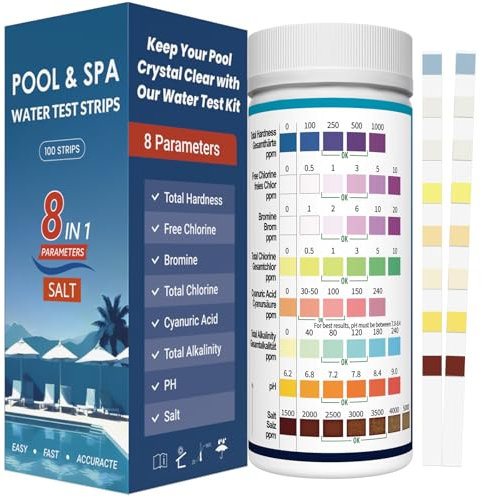 Ujaxjaxi 8 in 1 Pool Teststreifen Schnell Pool Salzgehalt Messen Genauer Pool Wassertester für Salz, pH, Chlor, Cyanursäure, Härte, Brom Pool Tester Poolzubehör für Schwimmbäder, SPA, Whirlpool