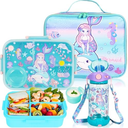PinkSheep Kids Bento Lunch Box Set with 1200 ml Leak-Proof Lunch Containers with 3 Compartments, 22oz BPA-Free Water Bottle, Insulated Lunch Bag for School Kids Girls Boys (Mermaid)