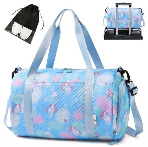 Tokeya Sac de Sport Fille Licorne Sacs de Voyage Enfant Imperméable Sacs Piscine avec Compartiment à Chaussures et Poche Humide, Etanche Sac à Main Femme pour Travel Gym Natation Weekend, Bleu