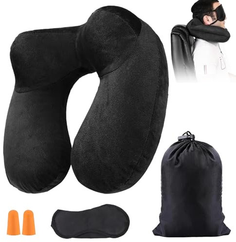Gonflable, Coussin de Voyage, Oreiller de Voyage avec Masque pour Dormir+ Bouchons d’Oreilles + Sac Transport, Super Léger et Portable, Idéal pour Chaise D'avion, Voiture, Maison, Bureau,Noir