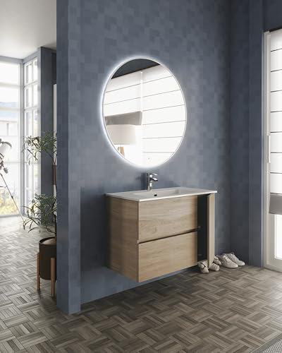 Galyon TORVISCO Mueble de Baño + Lavabo Cerámico - ALIER Mueble Suspendido con 2 Cajones y 1 Puerta, Acabado Blanco Brillo/Pardo, 80-120cm. FÁCIL INSTALACIÓN (Blanco Brillo, 120 cm 1 Seno)