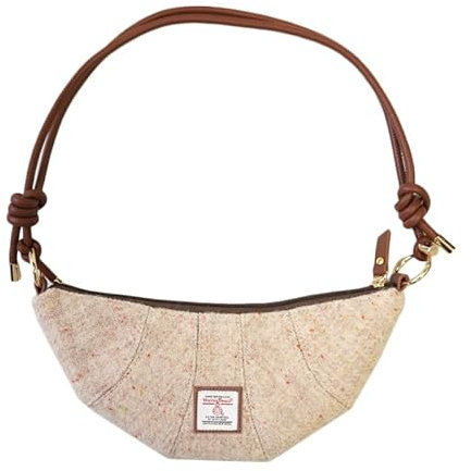 Harris Tweed Mittelgroße Halbmond-Tasche, verstellbarer Riemen, Umhängetasche, Schottenkaro, Vintage-Stil, schottischer Stil, Beige