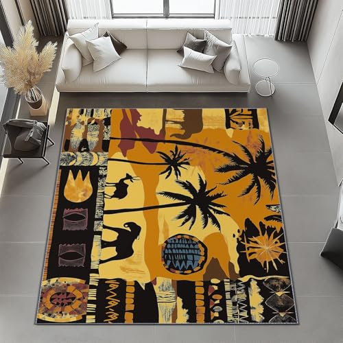 Tradition Afrika Flora Fauna Bedruckter Teppich Wohnzimmer 160 x 230 cm, Orange Schwarz Muster Waschbarer Teppich Wohnzimmer Schlafzimmer, Antibakteriell Antirutschunterlage Küchenteppich