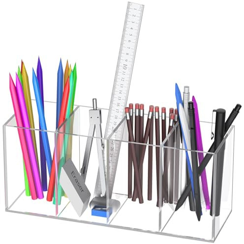 Uniclife Klarer Acryl-Stifthalter 23x8x10cm mit 4 Fächern für Stifte, Bleistifte & Make-up-Pinsel, vertikaler Schreibtischorganizer für Büro, Zuhause, Schule und Schreibwaren