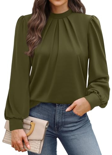 WIHOLL Blouses for Women Long Sleeve Tops Mock Neck Pleated Shirts Ladies Tops Business Loose Fit