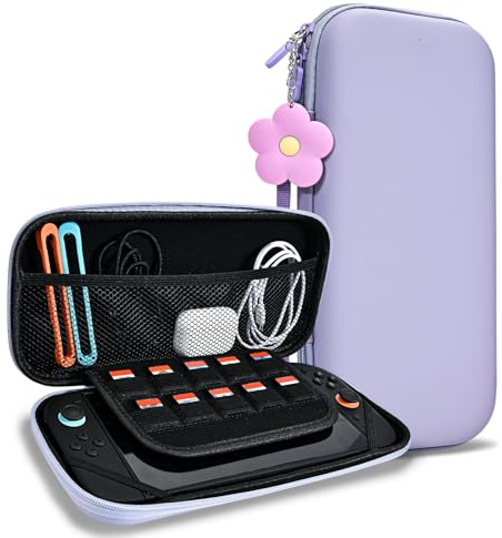 DLseego Tasche für Switch 2,Tragbar Reisen Hart Tragetasche Aufbewahrungshülle, Groß Kapazität Tasche mit 1PC Blume Charme,Lila
