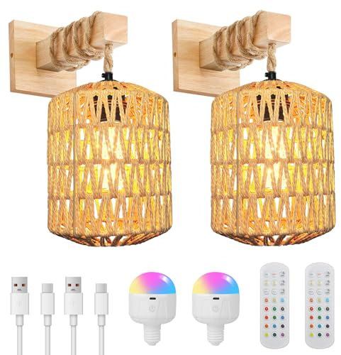 SERBASIC Rattan Battery Operated Wall Lights Set of 2,Rechargeable Boho Wall Light Indoor with Detachable Bulbs and Remote,Woven Lantern Wooden Wall Sconces for Living Room Bedroom Hallway Lantern B