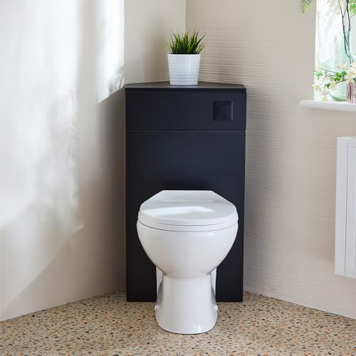 Milano Black Grey Corner WC Unit Back to Wall Toilet Black Flush Button | Engineered Wood Unit. Ceramic Toilet. Contemporary Style. Floorstanding Installation. Dual Flush Cistern. Assembly Required.