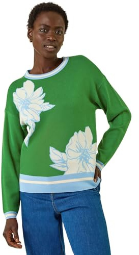 Roman Originals Thick Jumper for Women UK - Ladies Winter Autumn Smart Casual Knit Knitted Knitwear Pull-On Round Crew Neck Long Sleeve Work Office Dinner Party - Green - Size 16