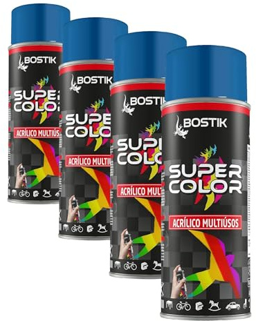 Bostik SUPER COLOR AZUL CIELO RAL 5010, Pintura en Spray Acrílica para Uso Profesional y Doméstico, Multiusos, Secado Rápido, Acabado Brillante, Interior y Exterior, Bote 400 ml (Paquete de 4)