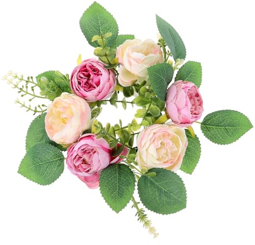 Cabilock Künstlicher Pfingstrosen Kerzenring Dekorativer Blumenkranz für Festliche Anlässe und Bankett Tischgesteck mit Blättern Geeignet für Kerzen und Foto Requisiten