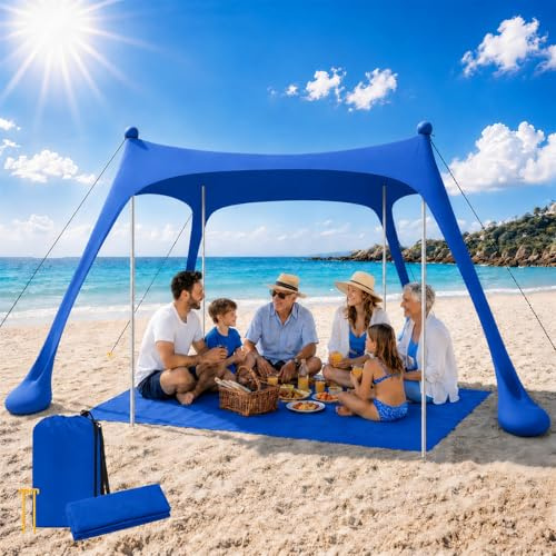 Tienda de Playa UPF50+ con Esterilla, Toldo Solar Antiviento Portátil | Refugio con Anclajes de Arena y Barras de Aluminio, Fácil Montaje para Camping, Playa y Picnic, 10x10FT Azul Oscuro
