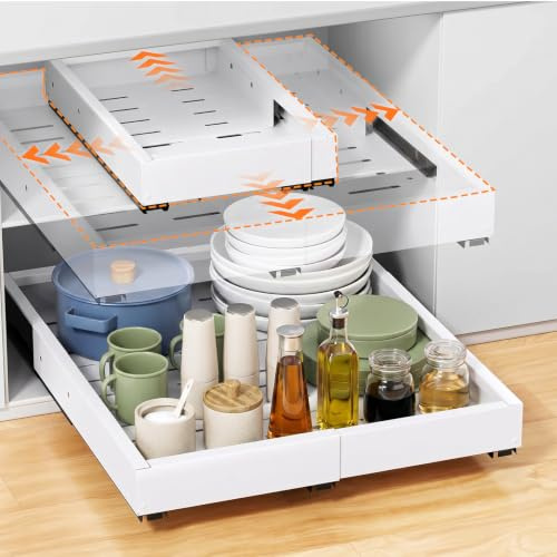 Ventouse 2-Stück 4-Richtungen Teleskopschublade Ausziehbar Schublade Küche | Verstellbare Breite 30–48 cm Tiefe 42–58cm Küchenschrank Schubladenauszug mit Kleber Organizer für Hausfrauen Küchenhilfe