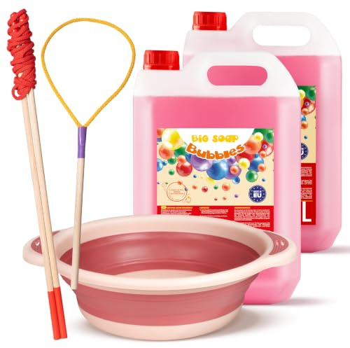 MBTOYS Riesenseifenblasen-Set: 10-Liter-Nachfüllpackung, 3-Liter-Schüssel (Rosa) und 2 Seifenblasenstäbe - Junior + Rot, für Kinder ab 3 Jahren, für Garten und Außenbereich, 2 × 5 Liter