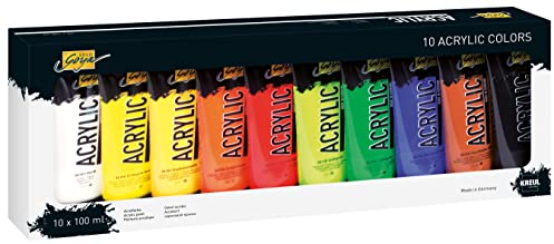 KREUL 84170 - Solo Goya Acrylic im Set, 10 Farben je 100 ml, cremige vielseitig einsetzbare Acrylfarbe in Studienqualität, auf Wasserbasis, schnell und matt trocknend, gut deckend, wasserfest