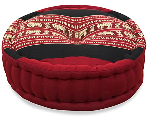 livasia Meditationskissen - Ø 38x15cm - Yogakissen mit Kapokfüllung, Pouf, Bodenkissen rund für Yoga und Zen Meditation, Zafukissen für Garten und Balkon, Sitzkissen handgemacht (Rot/Elefanten)