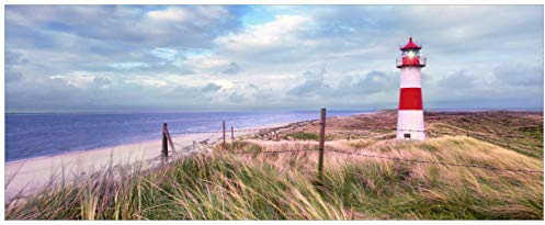 Wallario Wandbild aus Acryl, 50 x 125 cm, freischwebende Optik - Leuchtturm am Strand von Sylt