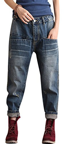 Youlee Damen Herbst Denim Edgy Jeans mit Taschen Tiefes Blau
