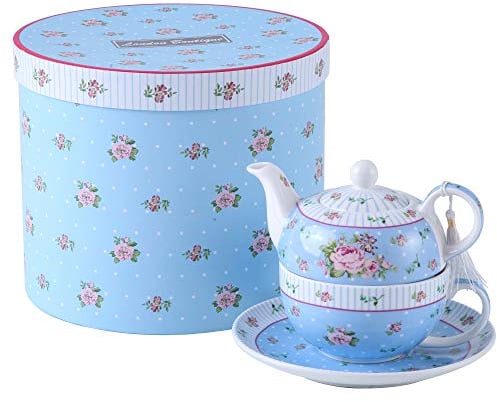 London Boutique Théière en Porcelaine Fine pour Une Personne avec Soucoupe Motif Fleurs de Rose Vintage Victoria Flora Bleu