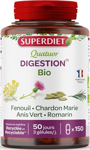 SuperDiet Quatuor Fenouil - Charbon Marie Végétal - Anis Vert - Romarin Activé Bio 150 gélules