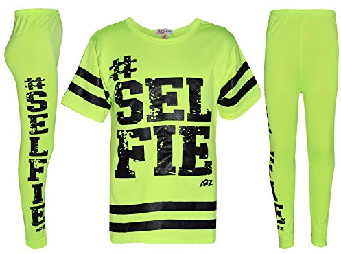 A2Z 4 Kids Girls Selfie Print 2 Piece Clothing Set Short Sleeve T-Shirt with Striped Sleeves And Matching Leggings Trendy Lightweight Comfortable Outfit Age 7-8 Years